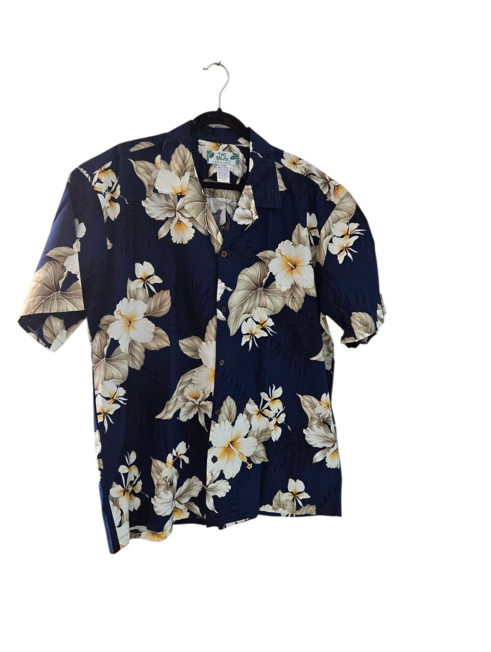 Two Palms Navy Blue Hawaiian Floral Camp Shirt Cotton Men's X L Made in Hawaii